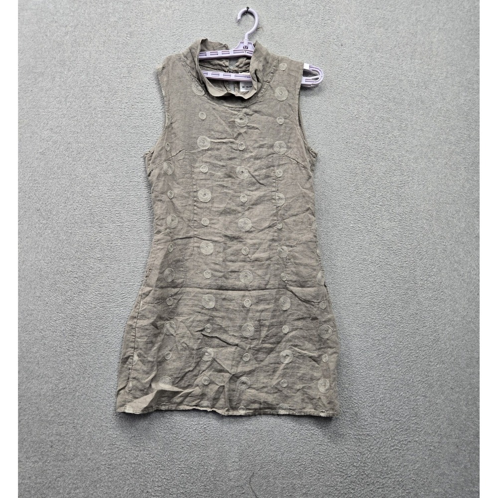 Lina Tomei Women Dress M Taupe Polka Dot Knee Length Shift Linen Made in Italy